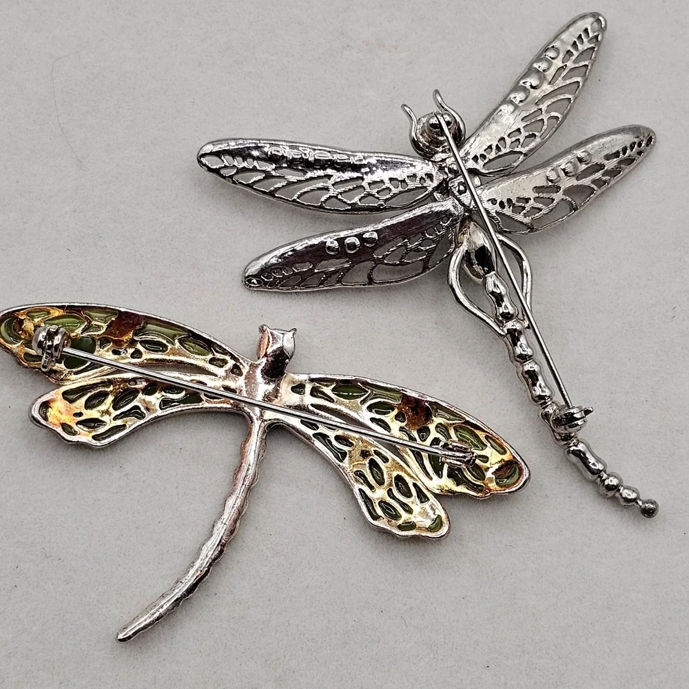 Dragonfly Brooch Pin Set 2pc Silver Tone Blue Green Rhinestone Enamel Pastels